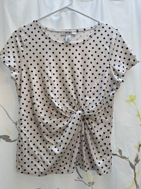 White House Black Market Cream Polka Dot Twist-Front Short Sleeve Tee